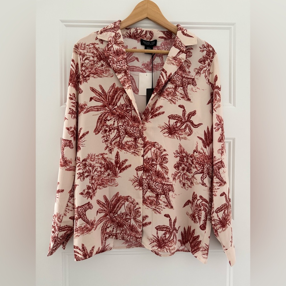 Rachel Zoe Jungle Print Satin Blouse | XS | Leopard & Botanical Print | NWT
